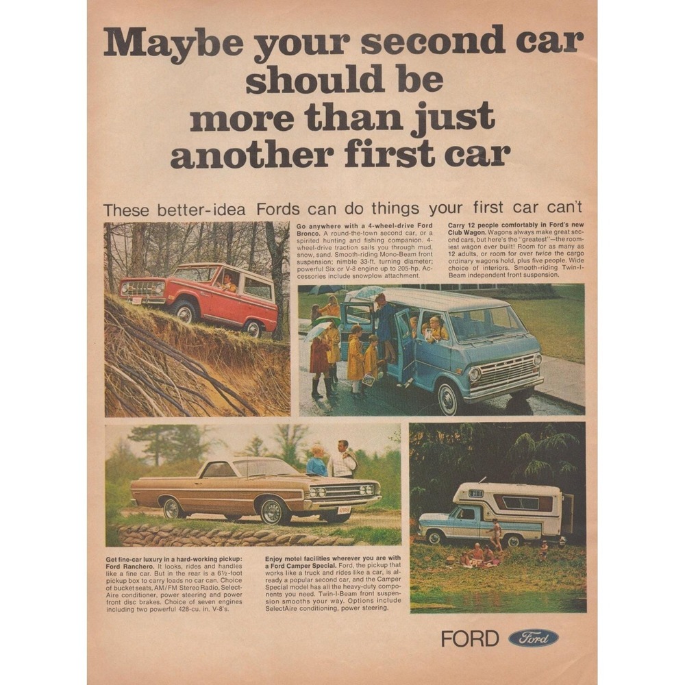 1969 Ford Vintage Print Ad Bronco Club Wagon Ranchero‎ Camper Classic Wall Decor